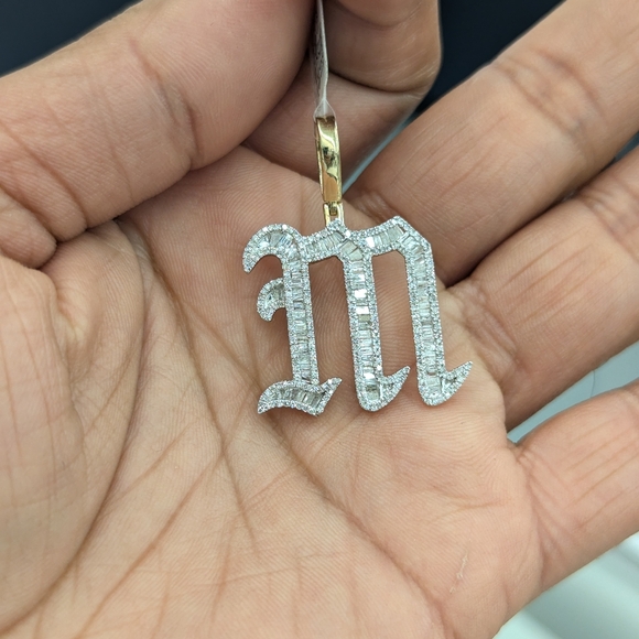Real Natural Diamond 10kt Gold Baguette Style Initial M Pendant